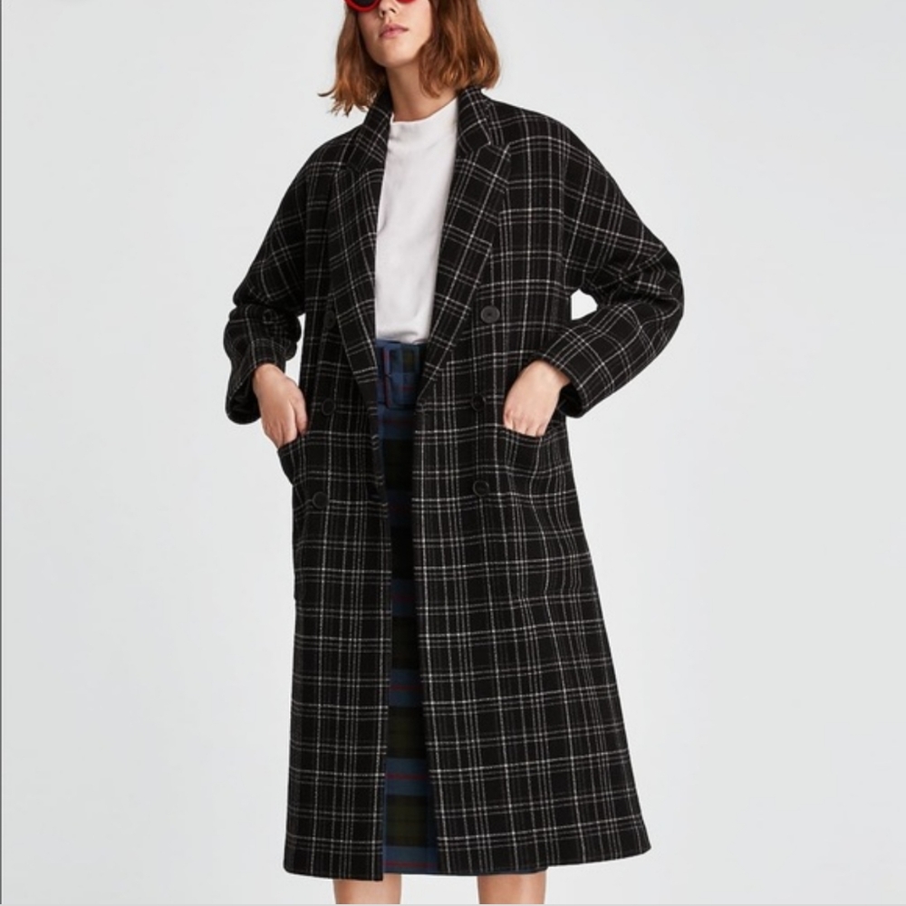 Zara Long Plaid Tartan Checkered Coat Jacket